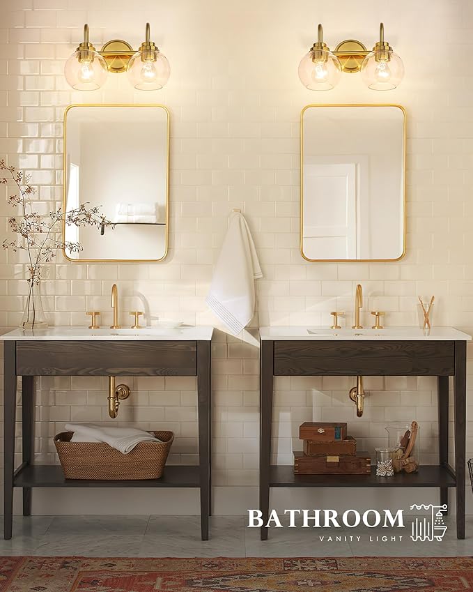 Bathroom Light Fixtures, 2-Light Brushed Gold Vanity Lights with Globe Clear Glass, Champagne Bronze Vanity Lighting Fixtures Over Mirror, AD-22280-2W-GD