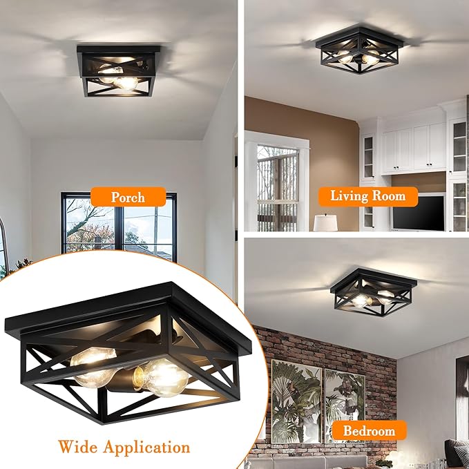 2Pack Vintage Farmhouse Flush Mount Ceiling Light Fixtures, 2-Light Hallway Kitchen Ceiling Light, Industrial Farmhouse Light Fixtures Ceiling Mount for Bedroom