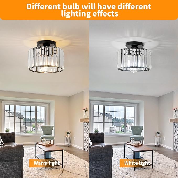9 Inch Black Crystal Ceiling Light Fixture - Modern Semi-Flush Mount Chandelier with Premium Crystals for Entryway, Dining Room, Bedroom, Kitchen
