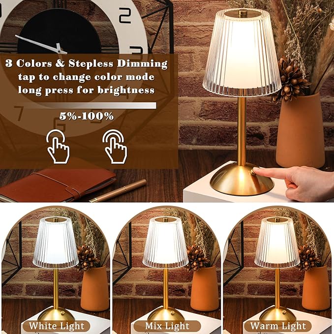 Liliful 4 Pcs Cordless Table Lamp Rechargeable Touch LED Small Gold Portable Battery Operated USB-c Desk Lamp 3 Color Dimmable for Bedroom Living Room Dining (Gold,Hollow Lined Style)