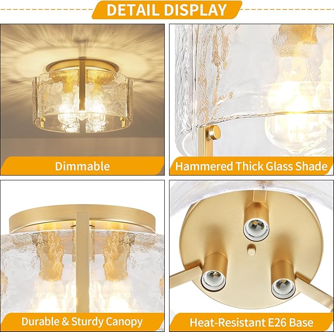 15'' Modern Gold Semi Flush Mount Ceiling Light, 3-Light Glass Drum Light Fixtures, Ceiling Lights for Hallway Entryway Foyer Bedroom Kitchen Island Dining Room Laundry Room Bathroom Lighting Fixture