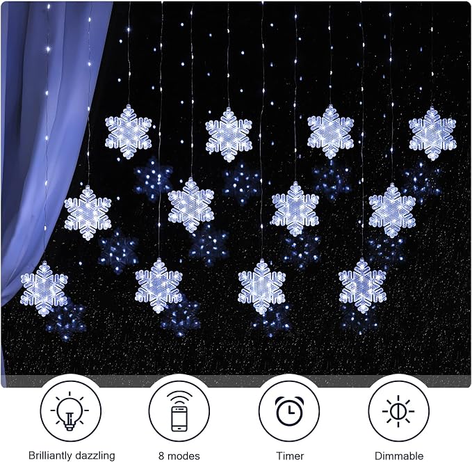 BLOOMWIN Christmas Fairy Curtain Lights 9.8ft Snowflake Lights USB Christmas Indoor Decorations 204LEDs Twinkle Lights with Remote for Bedroom Xmas - Cool White