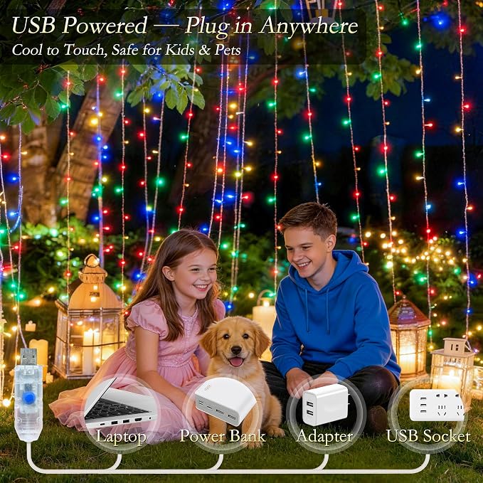 Curtain String Lights Indoor, 300LED 9.8 * 9.8FT USB Plug-in Window Curtain Lights with Timer and 8 Modes, Waterproof Multicolor Curtain Fairy Lights for Bedroom Room Wedding Outdoor Decor