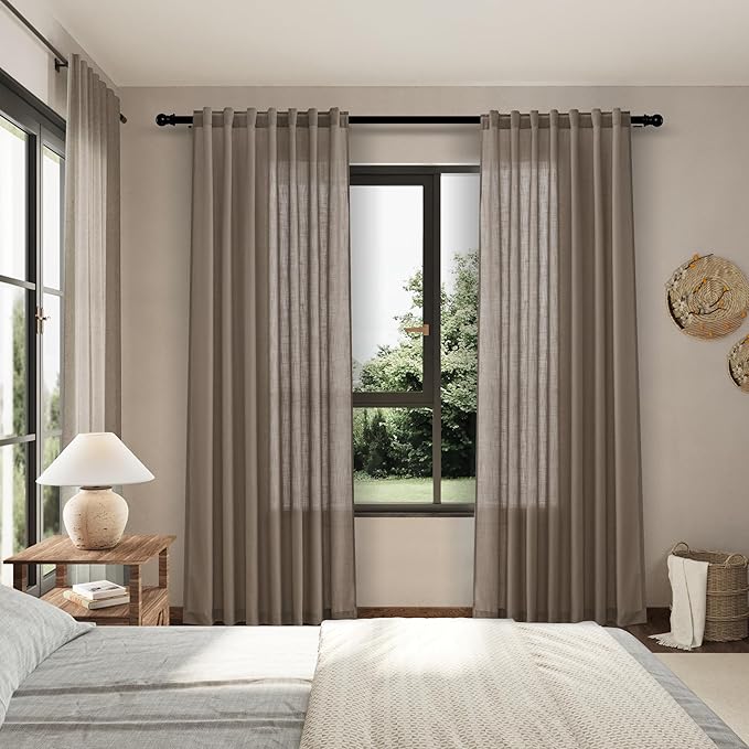 Dark Taupe Linen Curtains 84 Inch Length 2 Panels for Bedroom Back Tab Pocket Semi Sheer Light Filtering Curtains Burlap Textured Farmhouse Curtain for Living Room Dining Room Aesthetic Decor 40x84