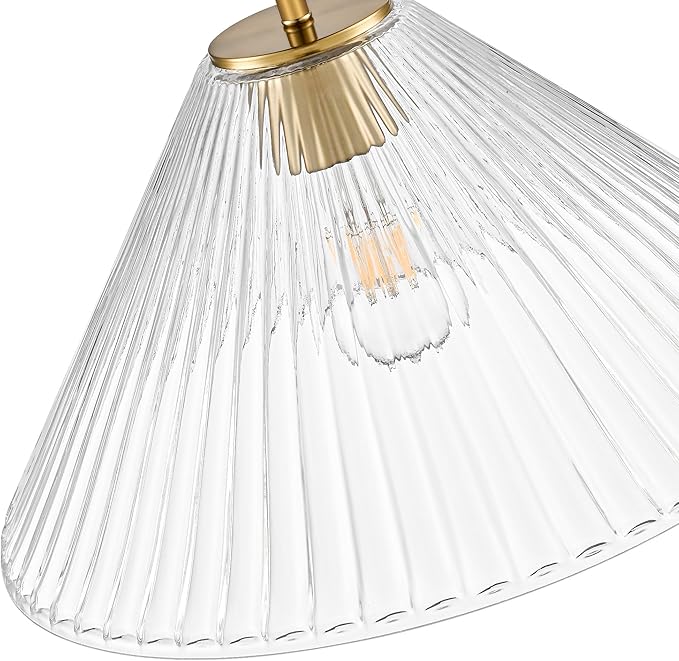 15.7 Inch Modern Pendant Lights, Ribbed Clear Glass 1-Light Single Pendant Lighting Fixtures, Cone Minimalist Ceiling Hanging Light for Kitchen Island Dining Room Over Sink Table Hallway