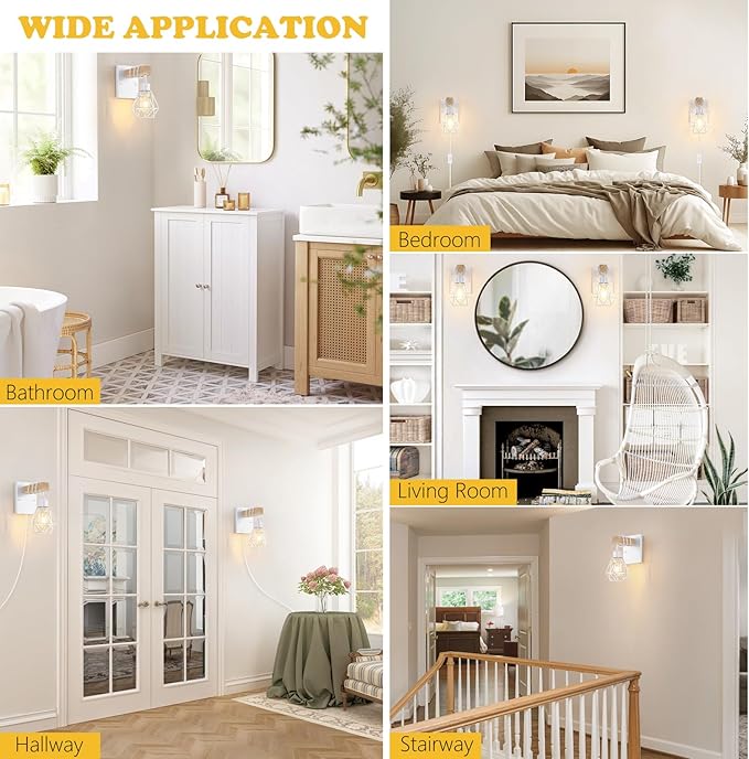 Lomoky White Plug in Wall Sconces Set of Two, Modern Wall Lights with 5.25FT Plug in Cord, Wooden Bedside Wall Lamps with Metal Shade, Industrial Wall Lighting Decor for Living Room, Hallway, Stairs