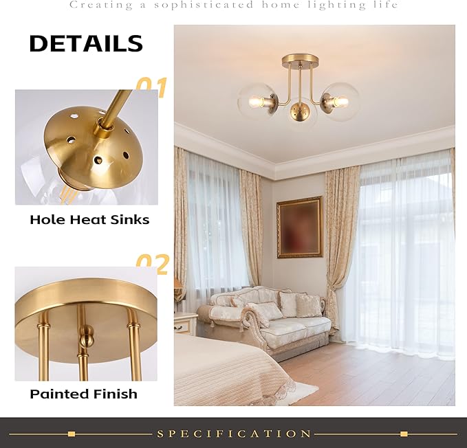 KoKo&Yukina 3-Light Semi Flush Mount Ceiling Light Globe Lights Mid Century Ceiling Light with Clear Glass Globe & Brushed Brass for Bedroom Hallway Entryway Kitchen Living Room (Bulb Incl.)