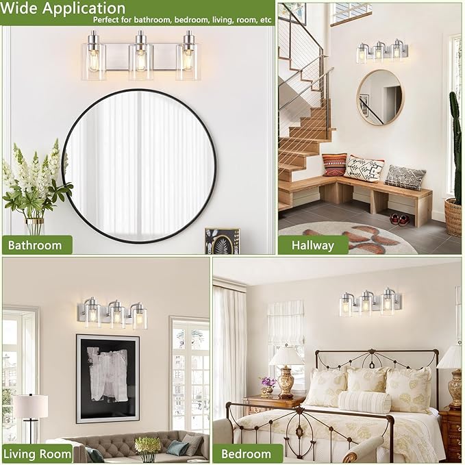 Dpyrrhic Brushed Nickel Bathroom Light Fixtures, Wall Mounted 3-Light Bathroom Lights Over Mirror with Clear Glass Shade,Wall Sconces for Kitchen Living Room Bedroom