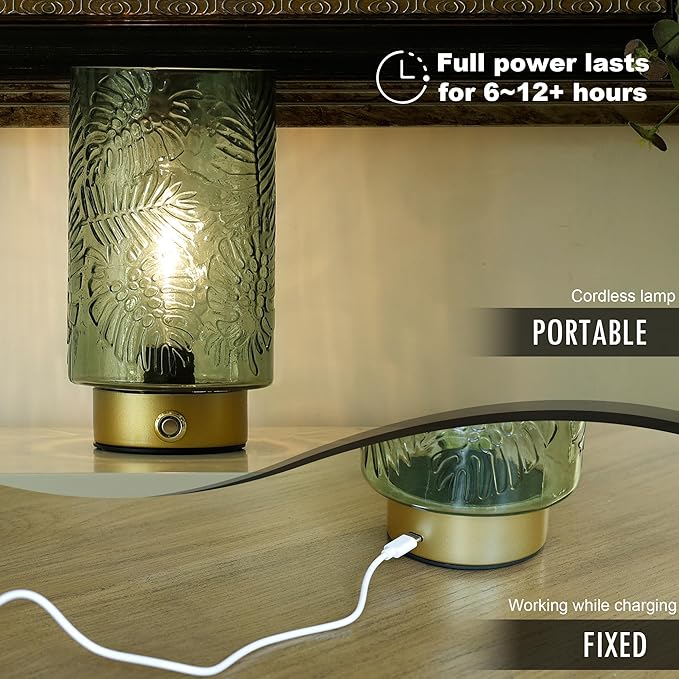 ULAROOM Cordless Lamp Rechargeable Battery Operated lamp, Glass Table Lamp Remote Control - Dimmable Brightness Touch Wireless Bedside Lamp for Bedroom Kitchen Dining Home Living Room Decor Green