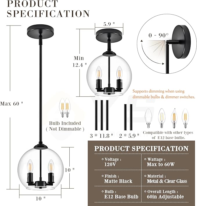 10" Globe Pendant Lights Kitchen Island 2 Pack Glass Globe Pendant Light Fixture Bedroom Mid Century Modern Pendant Lighting Black Pendant Light for Kitchen Island (Bulb Incl.)