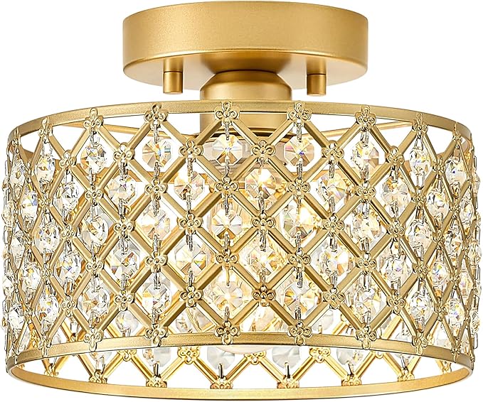 Gold Crystal Ceiling Light Fixture,Modern Semi Flush Mount Ceiling Lighting Fixture,Round Small Chandelier for Hallway, Entryway, Laundry Room, Kitchen, Bedroom, Foyer, Bathroom, 1 Light, 9 inch