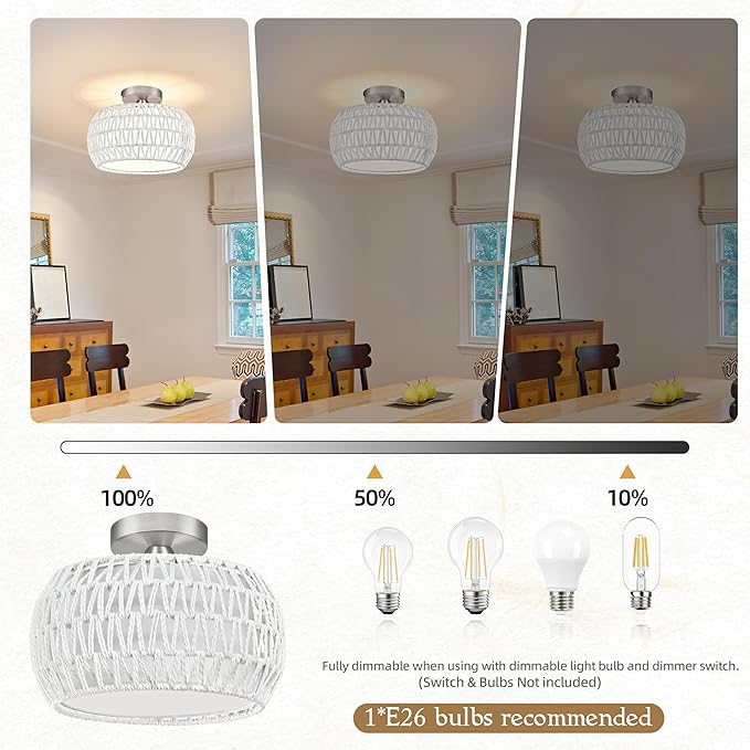 12.6 inch White Rattan Ceiling Light Fixture Hand-Woven Rattan Chandelier Boho Ceiling Light Fabric Shade Boho Chandelier for Kitchen Dinning Room (Bulb Incl.)