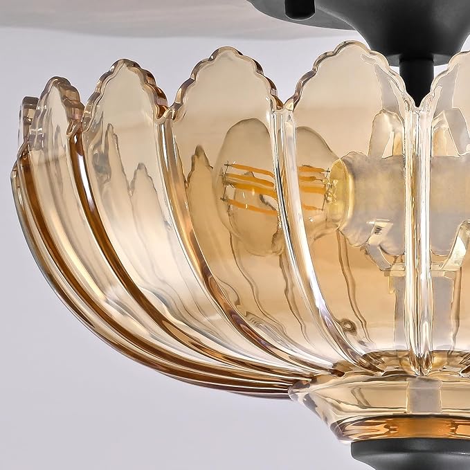 Amber Glass Ceiling Light Fixture - Handcrafted Art Glass Semi Flush Mount with 3 E26 Bulb Sockets, Warm Amber Shade Lighting for Living Room Dining Room Hallway, Vintage Indoor Chandelier