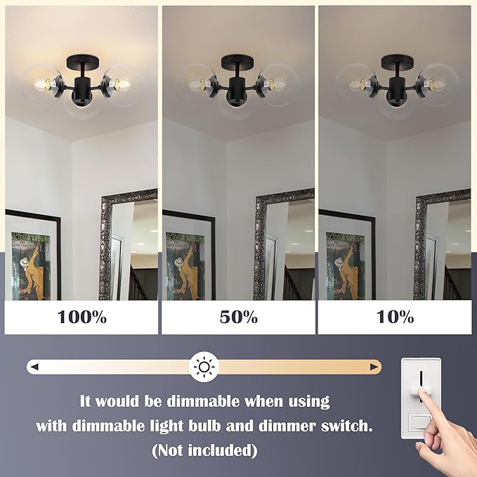 Mid Century 3-Light Clear Globe Glass Black Chandelier 19 Inch Modern Black Semi Flush Mount Ceiling Lights Modern Light Fixtures Ceiling Lights Fixture for Bedroom Hallway Entryway