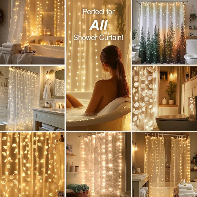 Fairy Lights for Shower Curtains, Waterproof String Lights for 72 x 72 Inches Shower Curtains Battery Operated Warm White Curtain Lights for Bathroom, 180 LEDs Indoor Outdoor Decor (NO CURTAIN)