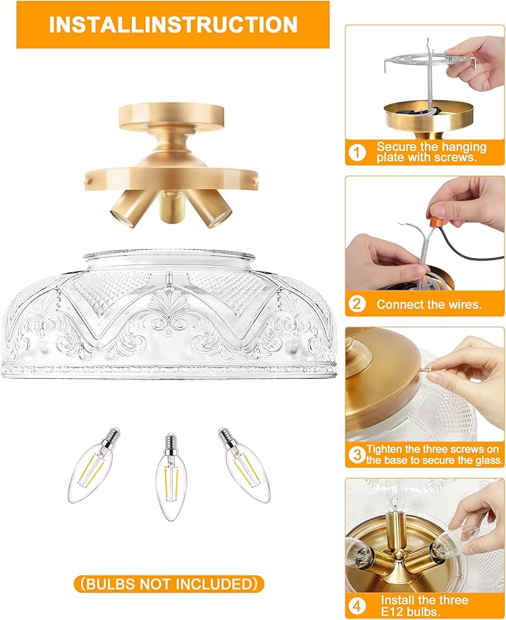 Semi Flush Mount Ceiling Light, 12 Inch Large Gold Ceiling Light Fixture, 3-Light Globe Glass Farmhouse Kitchen Lighting Fixtures for Bathroom, Hallway, Dining Room (Bulb Not Included)
