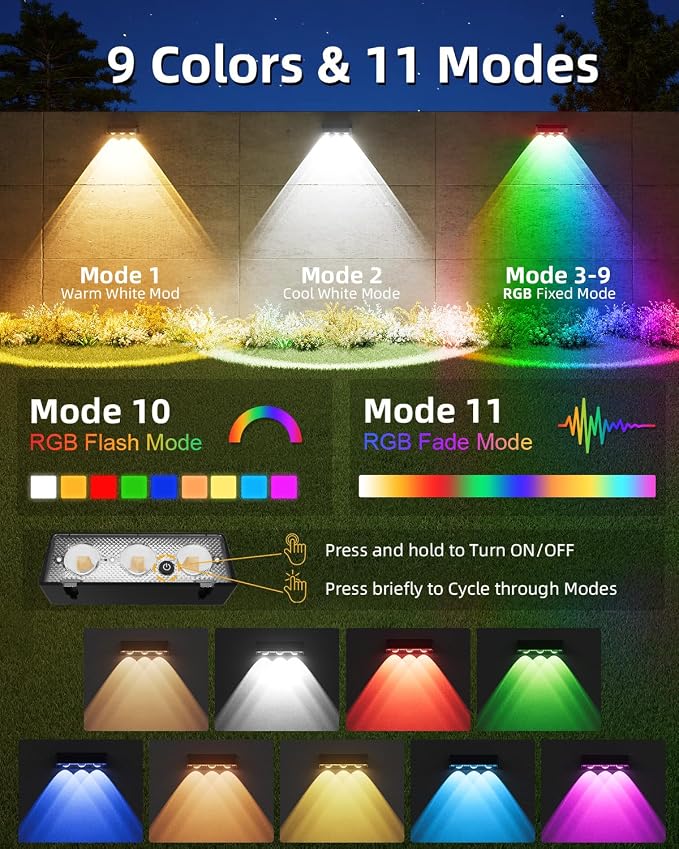 JOFIOS Solar Fence Lights Outdoor, 4 Pack, 9 Fixed Colors ＆ Color Changing Fence Lights Solar Powered Waterproof IP65 Dusk-to-Dawn LED Deck Lighting for Patio, Railing, Pool, Porch, Backyard, Wall
