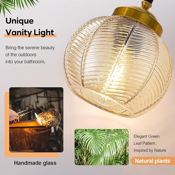 MOKATNG Bathroom Light Fixtures, 3-Light Amber Vanity Lights with Unique Leaf Texture Glass Shade, Modern Matte Black and Gold Bathroom Wall Lamp for Mirror Hallway Cabinet Living Room