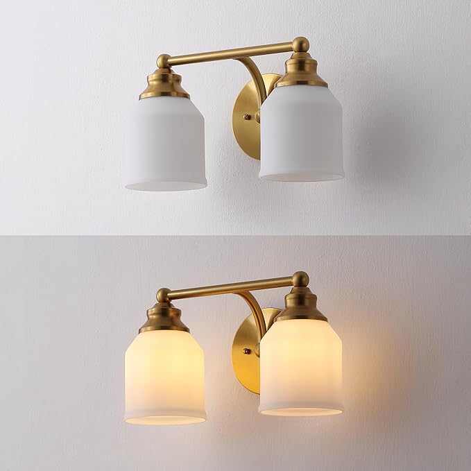 JONATHAN Y 14" Brass Gold/White Modern Farmhouse LED Vanity Light Wall Sconce Fixture, Frosted White Glass Shade, Dimmable Wall Lamp for Bathroom Mirror Kitchen Sink, UL Listed (JYL7550B)