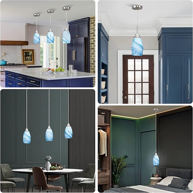 Mini Glass Pendant Light with Handblown Blue Marble Art Glass Shade Adjustable Cord Modern Oval Lamp Ceiling Pendant Light Fixture for Dining Room, kitchen,Foyer, Hallway, Brushed Nickel Finish 3 Pack