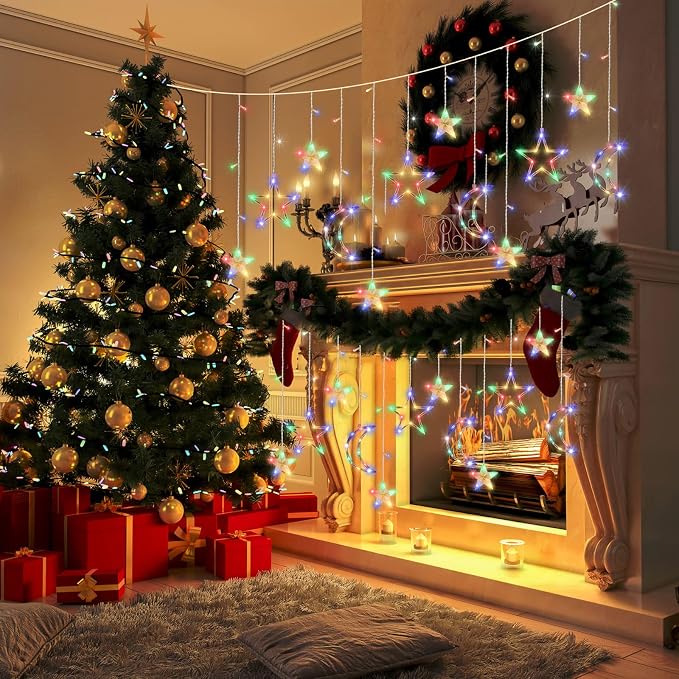 Moon and Stars Decor Curtain Lights, 11.5ft String Lights for Bedroom, Christmas, Ramadan Decor, Indoor LED Fairy Twinkle Light, Battery Operated or USB Plug-in