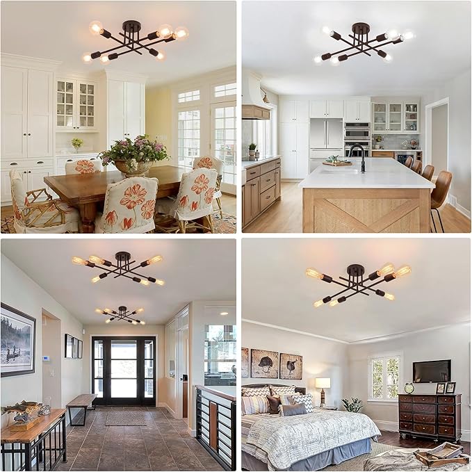 Industrial 6-Light Semi Flush Mount Ceiling Light Fixture, Oil Rubbed Bronze Modern Ceiling Lights, Rustic Sputnik Ceilings Lamp for Living Room Hallway Foyer Entryway