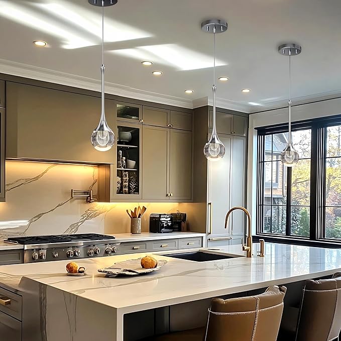 1-Pendant Lights Kitchen Island,Crystal Sliver Globe LED Chandelier, Modern Dimmable Adjustable Height Hanging Light Fixture,Sloped Ceiling,Bedroom,Dining Room