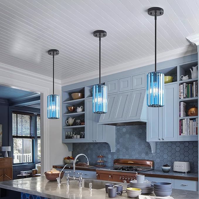 Modern Crystal Pendant Light Mini Light Blue Chandeliers Adjustable Pendant Lights Fixture for Kitchen Island Dinning Room Corridor Bedroom(Light Blue 3-Pack)
