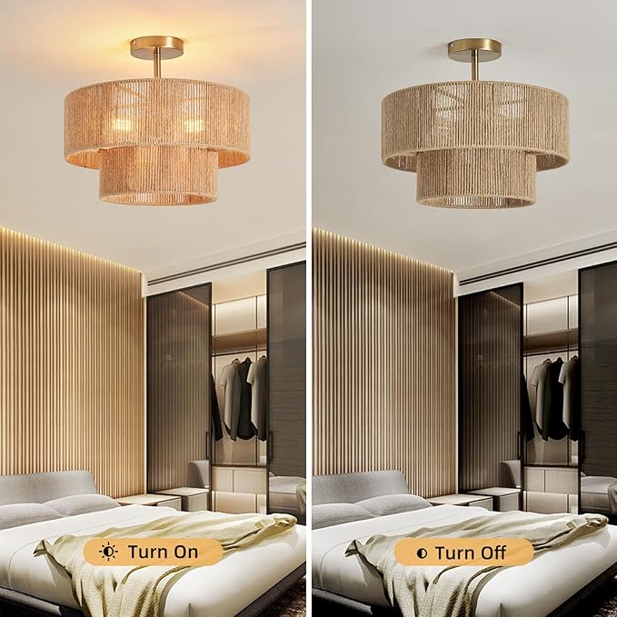Boho Semi Flush Mount Ceiling Light Gold Rattan Ceiling Light 15.4" Farmhouse Ceiling Lamp with Natural Hemp Rope Lampshade for Dining Room Living Room Bedroom Kitchen