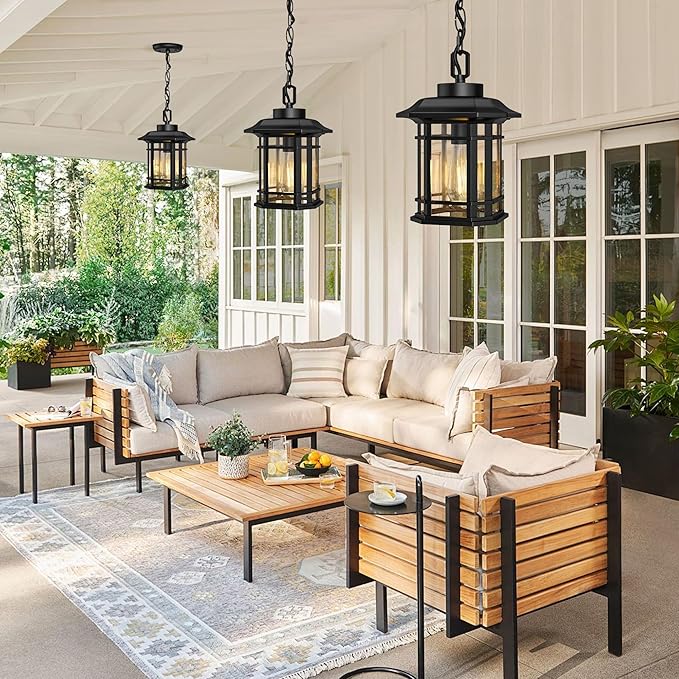 WIHTU Outdoor Pendant Light Fixture, Exterior Hanging Lights, Hanging Lantern with Adjustable Chain, Anti-Rust Aluminum Frame with Glass with Raindrop Effect for Front Door Ceiling Entry Porch