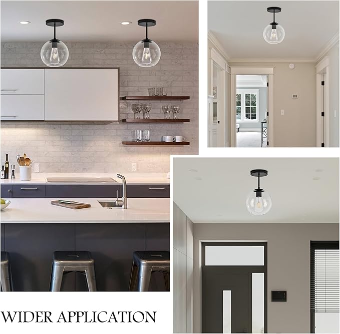 Black Semi Flush Mount Ceiling Light Fixture with Clear Glass Light Fixture Mid Century Light Fixtures Black Semi Flush Ceiling Light Fixtures for Dining Room Kitchen (Bulb Included)