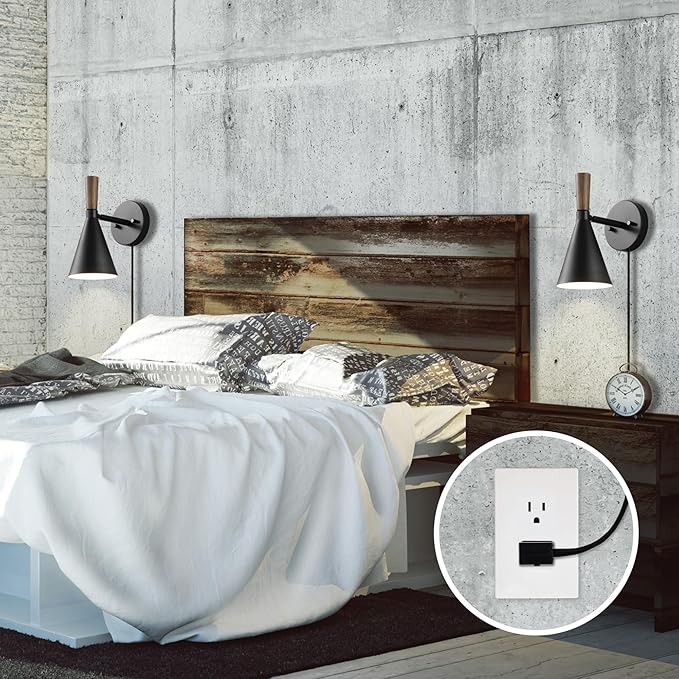 Globe Electric Plug-in or Hardwire Wall Sconce, Matte Black, Wood-Tone Switch, Metal Shade, 6-Foot Cord, 65000101