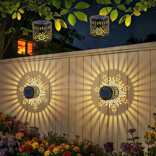 2 Pack Solar Fence Lights, Metal Solar Powered Outdoor Wall Lights with Flower Pattern,Waterproof Deck Step Lights for Garden Patio Backyard Decor, Unique Gardening Gifts for Women Mom Grandma