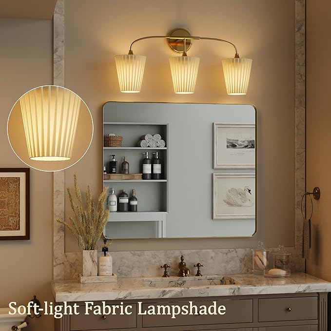 Bathroom Light Fixtures Over Mirror, 3 Light Vanity Light for Bathroom, Gold Vanity Light Fixtures with Flared Ivory White Fabric Shade, E26 Socket Modern Sconce Wall Decor(ETL Listed)