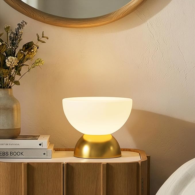 Brightech Lamina LED Table Lamp - Small 10 Inches Modern Bedroom Lamp - Bright Mini Reading Desk Lamp with Dimmable Warm Lighting for Bedside Table, Living Room, Office - Glass Lamp Shade, Gold/Brass