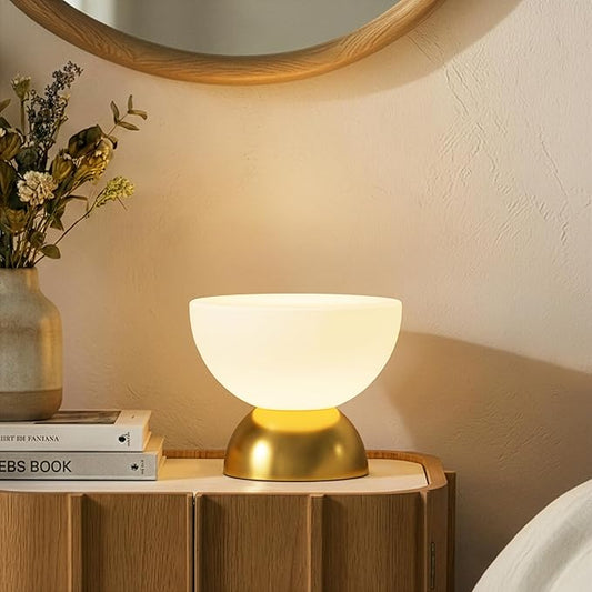 Brightech Lamina LED Table Lamp - Small 10 Inches Modern Bedroom Lamp - Bright Mini Reading Desk Lamp with Dimmable Warm Lighting for Bedside Table, Living Room, Office - Glass Lamp Shade, Gold/Brass