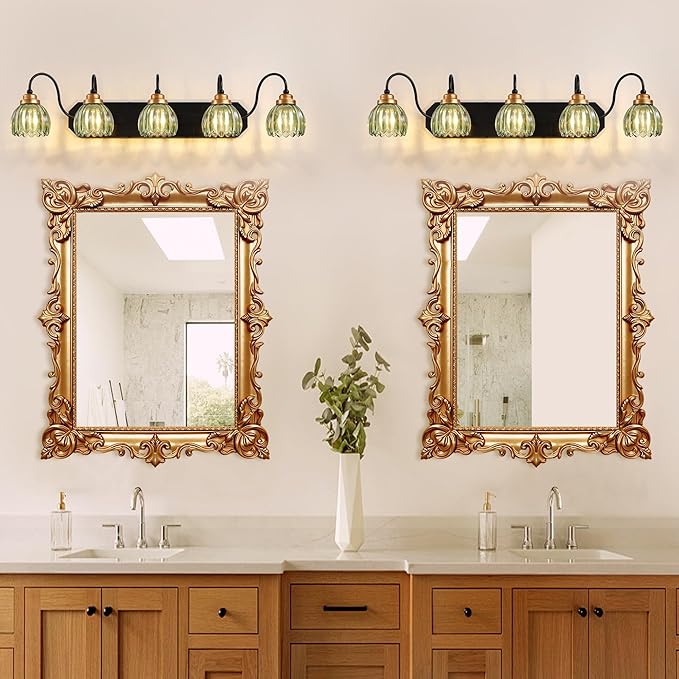 Vintage Bathroom Vanity Light, 5 Light Bathroom Lighting Fixtures Over Mirror, Mid Century Style Farmhouse Light Fixtures with Green Glass Shades, Black Finish Wall Mount for Bedroom , Living Room