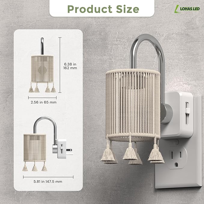 L LOHAS LED Night Lights Plug into Wall, 2 Pack Boho Fabric Cylinder Night Light with Tassel, 0-100LM Dimmable Night Lights, Dusk to Dawn Sensor, Vintage Nightlight for Bedroom, Living Room, Hallway