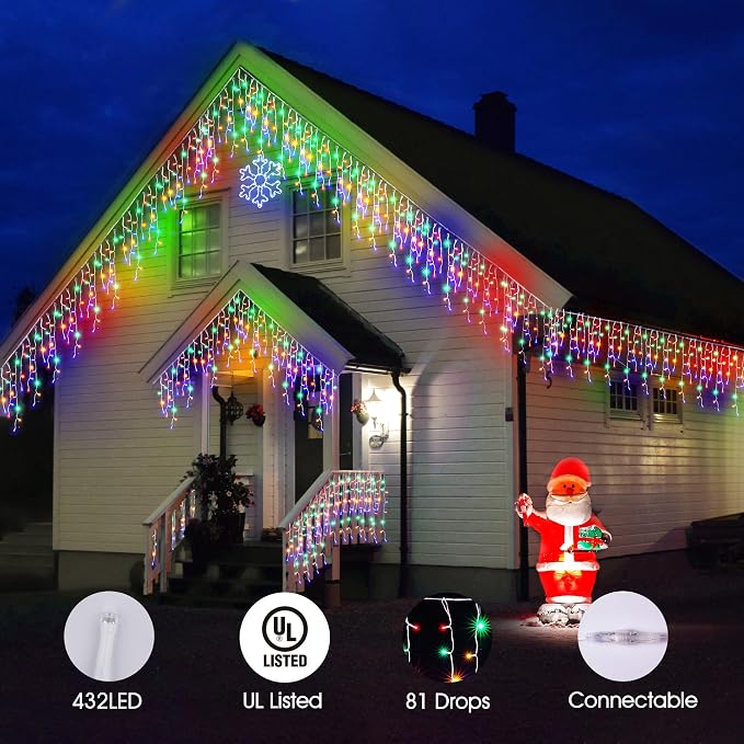 WBao Christmas Lights Outdoor, 432 LED 33FT Icicle Lights with 81 Drops, Remote Control, 3 Timer Settings, 8 Modes, Waterproof, Connectable Fairy Lights for Wedding, Holiday Eaves Decor, Multicolor