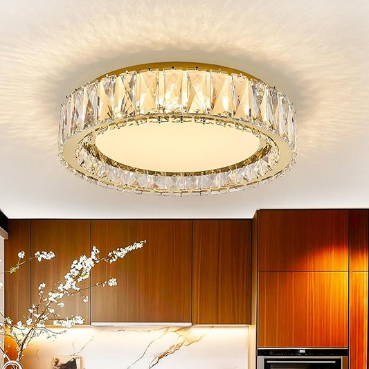 Crystal Dimmable Flush Mount Ceiling Light, Gold Modern LED Close to Ceiling Light Fixture with 5CCT 2700K-6000K, Round Kitchen Lighting for Bedroom Laundry Room, Hallway, Living room (15in 36W)