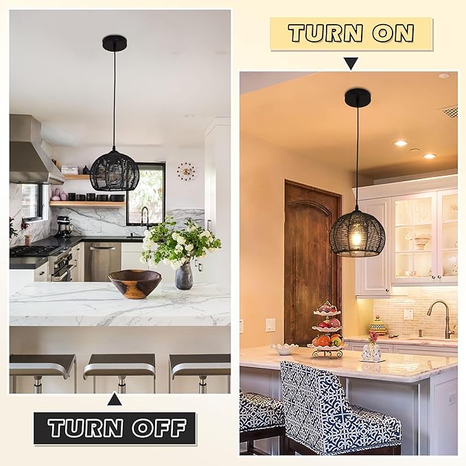 Ayshwill Dec Black Woven Boho Chandelier Wicker Rattan Dome Pendant Light Fixture for Dining Room Bedroom Kitchen Island (Bulb Included)