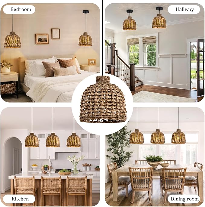 Mini Rattan Pendant Light Fixtures,9.06" Boho Pendant Light,3-Pack Hand Woven Seagrass Rattan Chandelier for Dining Living Bedroom Kitchen Farmhouse