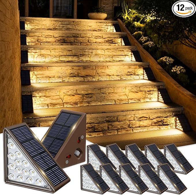 JOFIOS Solar Step Lights for Outside, 12pack Solar Stair Lights Outdoor Waterproof IP67, Deck Step Lights, Outdoor Light Decor for Staircase, Patio, Front Step, Pathway, Front Porch(Warm Brown)