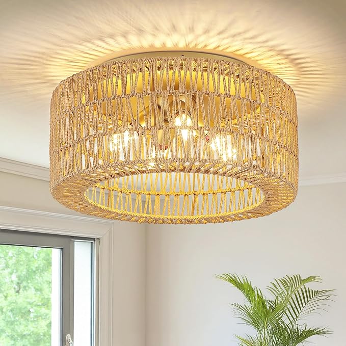 Rattan Light Fixtures Ceiling Mount,4-Lights Boho Flush Mount Ceiling Light with Hand-Woven Shade, 18''Rattan Farmhouse Chandelier for Hallway Bedroom Kitchen Farmhouse Foyer Entryway (Gold)