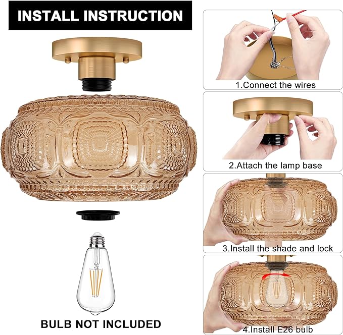 Semi Flush Mount Ceiling Light, Upgraded Larger Amber Glass Ceiling Light Fixture, Vintage Lighting for Hallway Kitchen Bedroom Dining Room, Bulb Not Included
