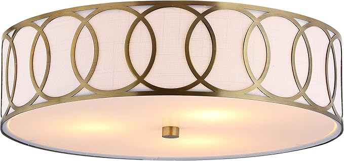 JONATHAN Y 15.5" Brass Gold Modern Metal LED Flush Mount Ceiling Light for Bedroom Hallway, White Linen Drum Shade with Geometric Fretwork, LED Bulbs Included (JYL3503A)