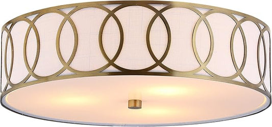JONATHAN Y 15.5" Brass Gold Modern Metal LED Flush Mount Ceiling Light for Bedroom Hallway, White Linen Drum Shade with Geometric Fretwork, LED Bulbs Included (JYL3503A)