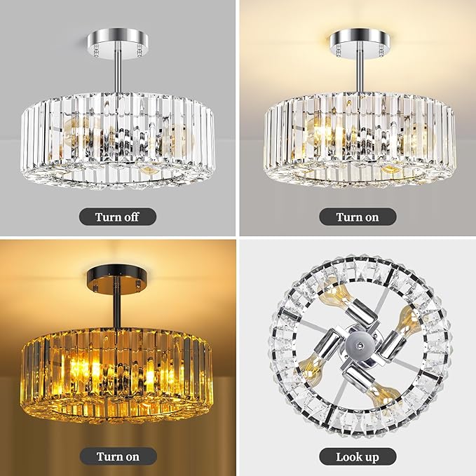 FRIDEKO HOME Crystal Chandelier Ceiling Light - 4-Light Ceiling Light Fixture Modern Ceiling Mount Lights Chandelier for Dinning Room Bedroom Kitchen Entryway (14.56 Inch, Bulb not Included)