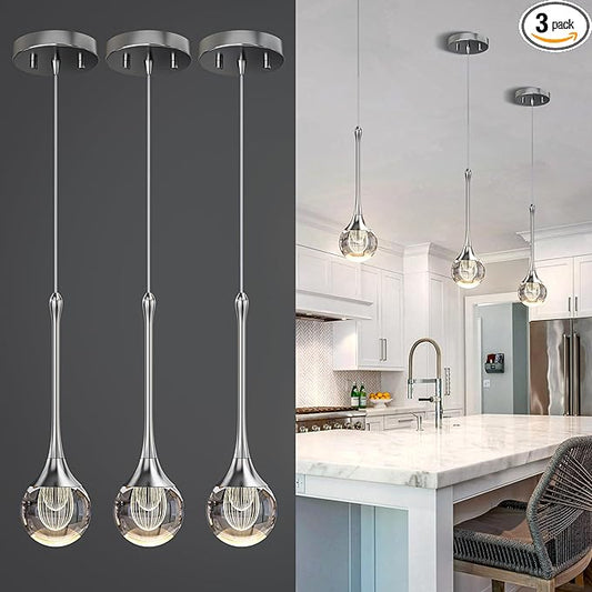 3-Pendant Lights Kitchen Island,Crystal Sliver Globe LED Chandelier, Modern Dimmable Adjustable Height Hanging Light Fixture,Sloped Ceiling,Bedroom,Dining Room