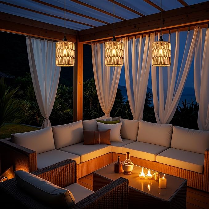 Battery Operated Chandelier, Battery Hanging Pendant Light, Rattan Lights with Warm White Bulb, 4*AA Battery Powered, for Gazebo Pergola Porch Patio Outdoor Indoor Decor (3)